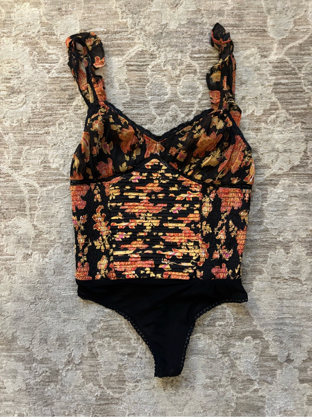 Free People Black Floral Bodysuit with Orange & Yellow Accents